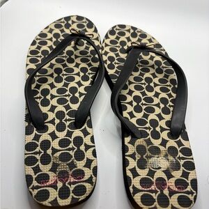Coach Amel Signature C Black Tan Thong Sandals Bow Flip Flops Woman's Sz 7/8